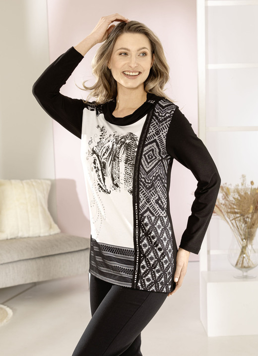 Shirts - Shirt mit plaziertem Foliendruck, in Größe 036 bis 052, in Farbe SCHWARZ-ECRU Ansicht 2