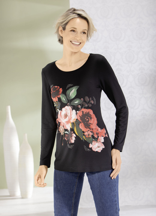 Damenmode - Shirt mit floralem Druckmotiv, in Größe 038 bis 054, in Farbe SCHWARZ Ansicht 2