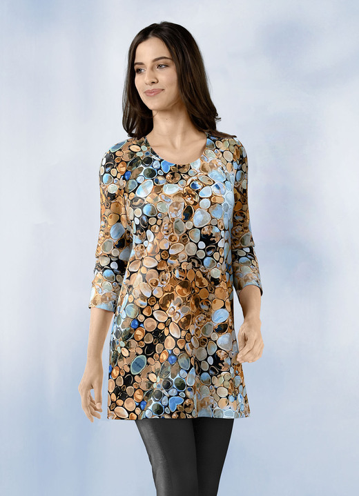 Damenmode - Longshirt mit Allover-Druck, in Größe 036 bis 048, in Farbe BLAU-BRAUN-SCHWARZ
