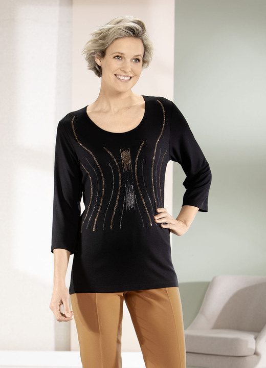 Damenmode - Shirt mit kontrastfarbenen Zierplättchen Ansicht 3 Damenmode - Shirt mit kontrastfarbenen Zierplättchen, in Größe 038 bis 056, in Farbe SCHWARZ Ansicht 3