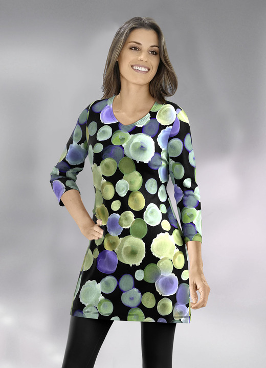 Longshirts - Longshirt mit farbbrillantem Allover-Druck, in Größe 038 bis 052, in Farbe SCHWARZ-LILA-GRÜN