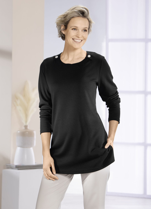 Shirts - Sweatshirt mit Zierknöpfen in 2 Farben, in Größe 040 bis 054, in Farbe SCHWARZ Ansicht 1