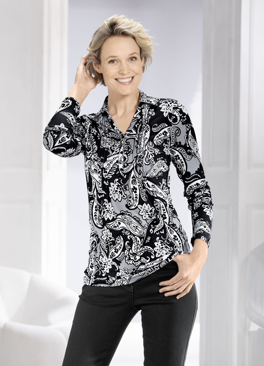 Shirts - Poloshirt mit Biesenverarbeitung in 2 Farben, in Größe 036 bis 054, in Farbe SCHWARZ-WEISS Ansicht 2