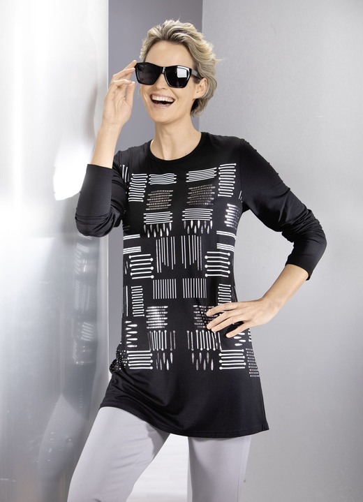 Longshirts - Longshirt mit kontrastfarbenem Druck, in Größe 038 bis 054, in Farbe SCHWARZ