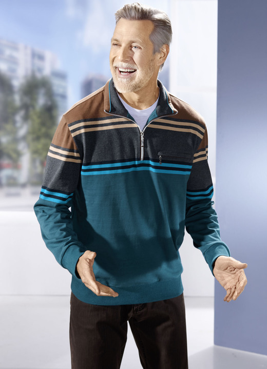 Hemden, Pullover & Shirts - Troyer aus reiner Baumwolle, in Größe 046 bis 062, in Farbe PETROL-ANTHRAZIT-BRAUN Ansicht 2