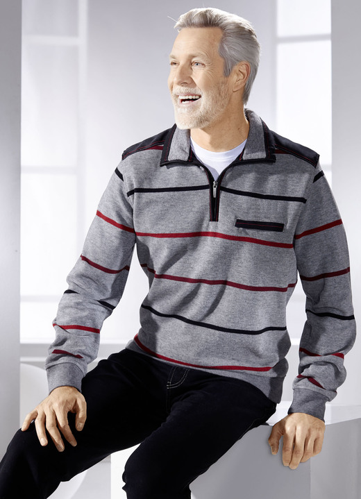 Hemden, Pullover & Shirts - Troyer aus reiner Baumwolle, in Größe 046 bis 064, in Farbe GRAU MELIERT-ROT-SCHWARZ Ansicht 2