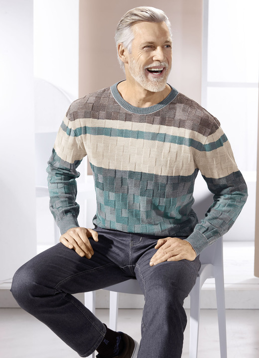 Hemden, Pullover & Shirts - Rundhalspullover mit Strukturmix in 2 Farben, in Größe 046 bis 064, in Farbe PETROL-BEIGE-BRAUN Ansicht 2