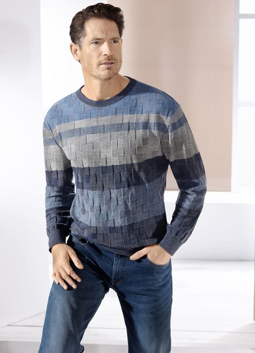 Hemden, Pullover & Shirts - Rundhalspullover mit Strukturmix in 2 Farben, in Größe 046 bis 064, in Farbe PETROL-BEIGE-BRAUN Ansicht 4