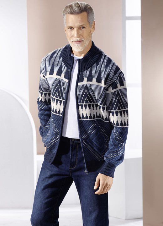 Mode - Jacke mit Jacquarddessin, in Größe 3XL(64/66) bis XXL(60/62), in Farbe MARINE-ECRU-BLAU Ansicht 1