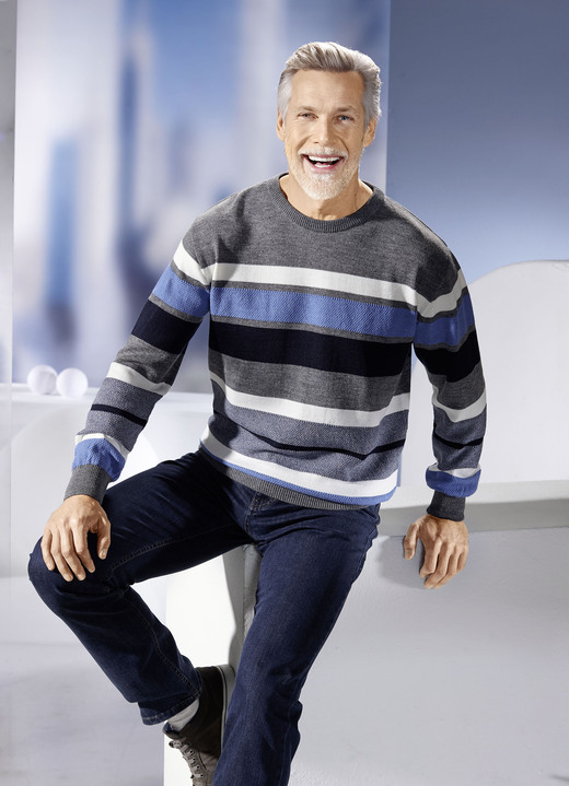 Hemden, Pullover & Shirts - Rundhalspullover mit Strukturmix allover, in Größe 046 bis 064, in Farbe GRAU-MARINE-BLEU-ECRU Ansicht 2