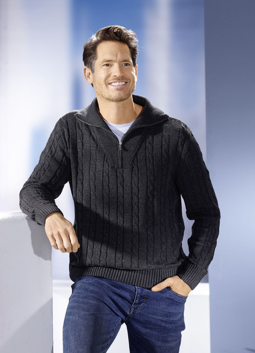 Hemden, Pullover & Shirts - Troyer mit kurzem Reißverschluss in 5 Farben, in Größe 046 bis 062, in Farbe ANTHRAZIT MELIERT Ansicht 2