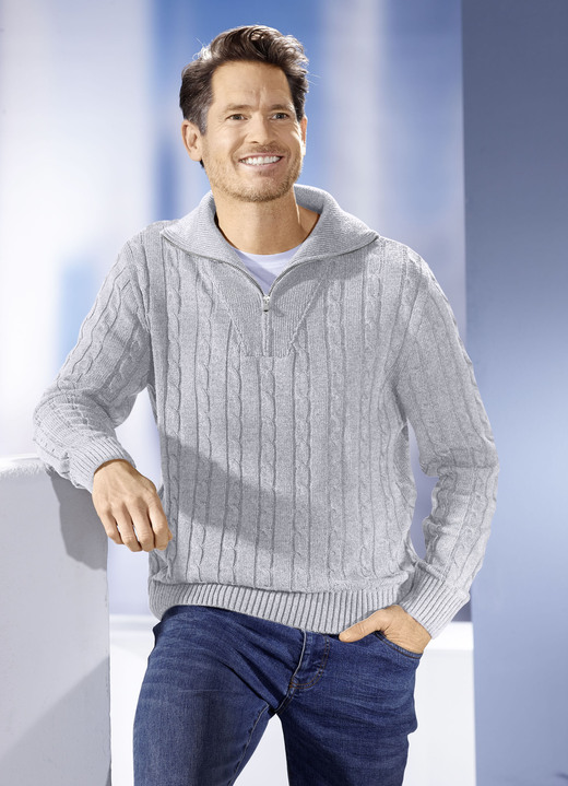 Hemden, Pullover & Shirts - Troyer mit kurzem Reißverschluss in 5 Farben, in Größe 046 bis 062, in Farbe ANTHRAZIT MELIERT Ansicht 6