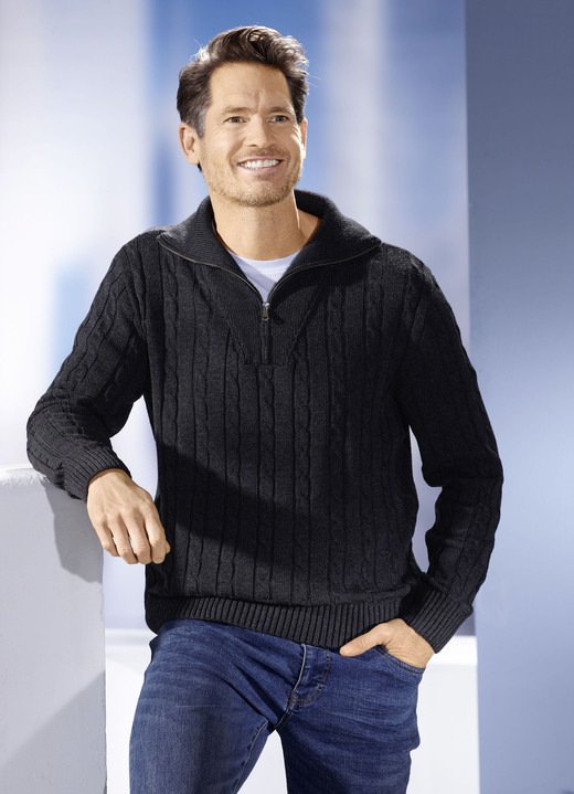 Hemden, Pullover & Shirts - Troyer mit kurzem Reißverschluss in 5 Farben, in Größe 046 bis 062, in Farbe ANTHRAZIT MELIERT Ansicht 10