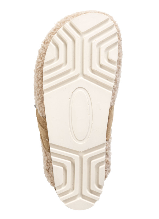 Hausschuhe - Laurina Pantoffel aus weichem Plüsch mit Veloursbesatz, in Größe 036 bis 042, in Farbe SANDBEIGE Ansicht 3