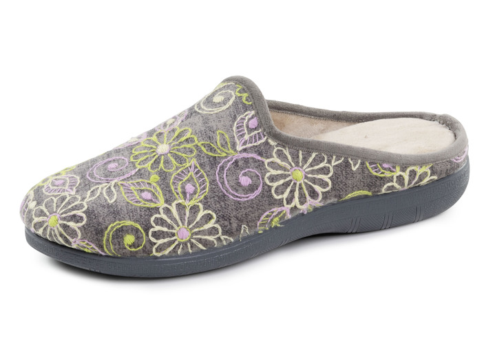 - Laurina Pantoffel aus Textilmaterial mit bunter Blumenstickerei, in Größe 036 bis 042, in Farbe GRAU Ansicht 1