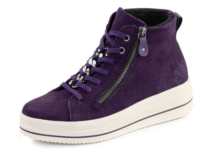Komfortschuhe - Remonte Bootie mit funkelnder Zierkette an der Schnürung, in Größe 036 bis 042, in Farbe LILA Ansicht 1