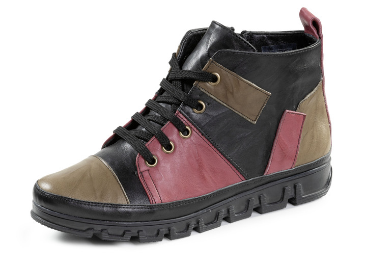 Komfortschuhe - Gemini Schnür-Bootie mit Knitter-Struktur, in Größe 036 bis 042, in Farbe SCHWARZ-ROT-GRÜN Ansicht 1