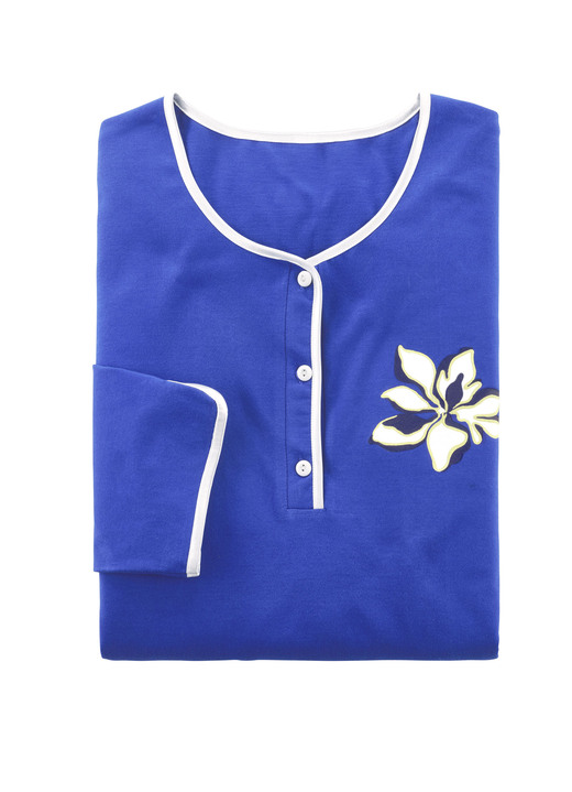 Mode - Zweierpack Nachthemden, uni und allover dessiniert mit Knopfleiste, in Größe 038 bis 056, in Farbe 1X ROYALBLAU, 1X WEISS-BUNT Ansicht 2
