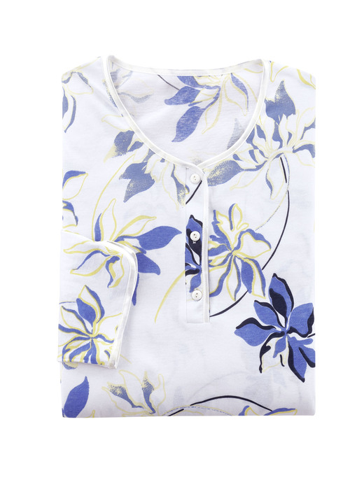 Mode - Zweierpack Nachthemden, uni und allover dessiniert mit Knopfleiste, in Größe 038 bis 056, in Farbe 1X ROYALBLAU, 1X WEISS-BUNT Ansicht 5