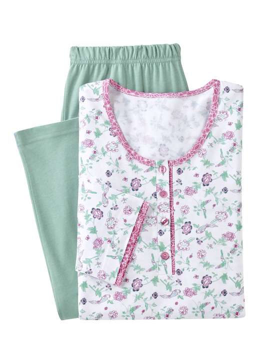 Schlafanzüge & Shortys - Schlafanzug mit Alloverdessin und Knopfleiste, in Größe 036 bis 052, in Farbe WEISS-ROSA-JADE Ansicht 2