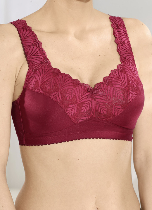 Damenmode - BH mit dezent glänzender Elastikspitze, in Größe 080 bis 110, in Cup B, in Farbe BORDEAUX Ansicht 1