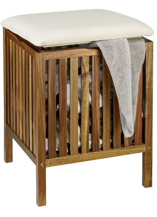 Badmöbel - Massiver Badhocker aus Akazienholz mit Wäschebehälter, in Farbe BRAUN-BEIGE Ansicht 2
