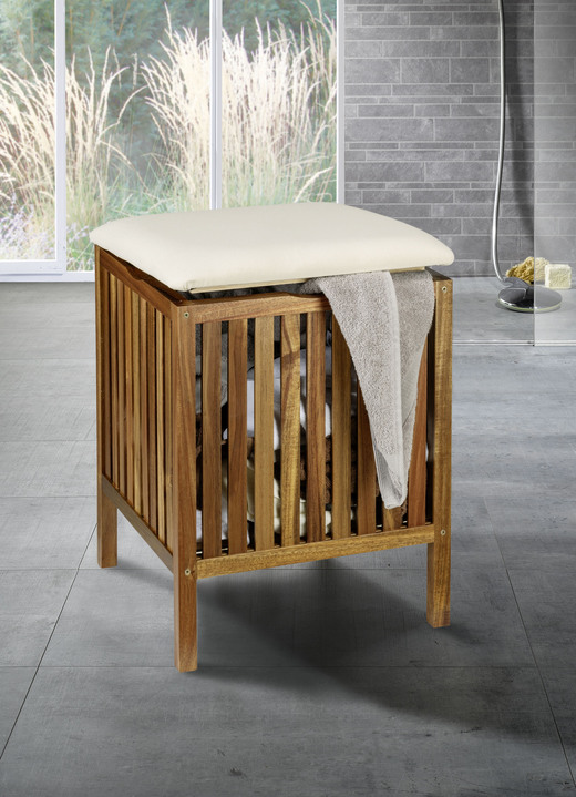 Badmöbel - Massiver Badhocker aus Akazienholz mit Wäschebehälter, in Farbe BRAUN-BEIGE Ansicht 1