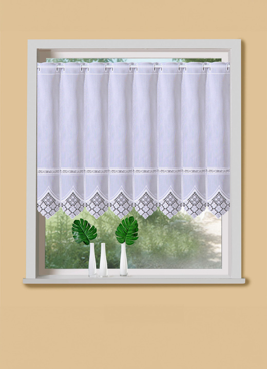 Landhaus & Küche - Kurzstore mit edler Macramé-Spitze und Stangendurchzug, in Größe 661 (H30xB 90 cm) bis 861 (H60xB150 cm), in Farbe WEISS Ansicht 2