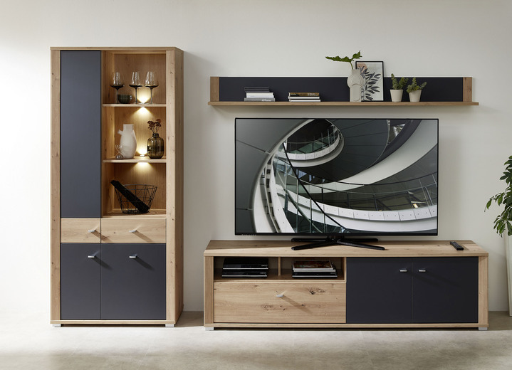 Wohnwände - Wohnwand mit LED-Beleuchtung und Softclose Ansicht 2 Wohnwände - Wohnwand mit LED-Beleuchtung und Softclose, in Farbe GRAFIT-EICHE Ansicht 2