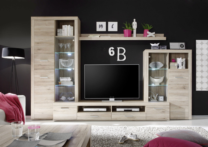 - Wohnwand mit stimmungsvoller LED-Beleuchtung Ansicht 2 - Wohnwand mit stimmungsvoller LED-Beleuchtung, in Farbe EICHE SAN REMO Ansicht 2