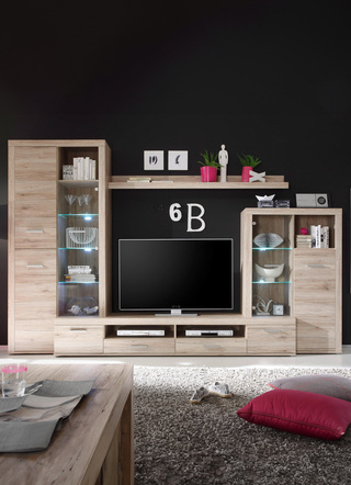 - Wohnwand mit stimmungsvoller LED-Beleuchtung – Farbe EICHE SAN REMO - Wohnwand mit stimmungsvoller LED-Beleuchtung, in Farbe EICHE SAN REMO