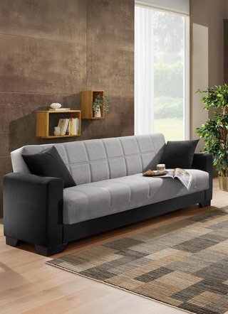 Funktions-Polstermöbel - Moderne Polstermöbel mit Zierkissen – Farbe SCHWARZ-GRAU – Ansicht  Funktions-Polstermöbel - Moderne Polstermöbel mit Zierkissen, in Farbe SCHWARZ-GRAU, in Ausführung Polstergruppe, 3-teilig – Farbe SCHWARZ-GRAU – Ansicht