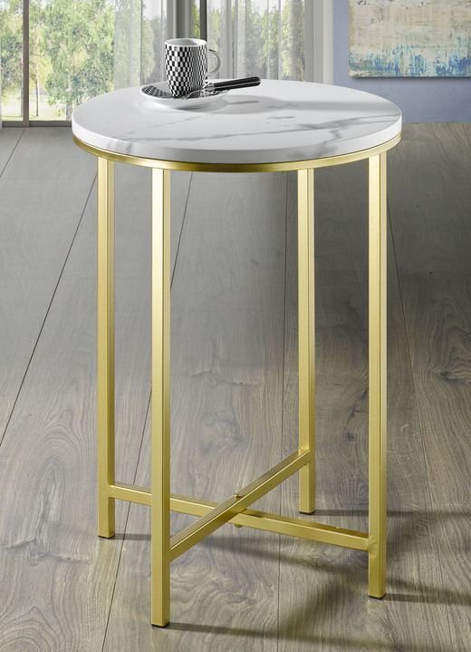Kleinmöbel - Beistelltische aus goldfarben lackiertem Stahlrohr, in Farbe GOLD-MARMOROPTIK, in Ausführung rund Ansicht 1
