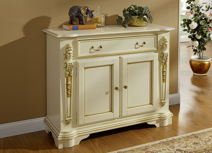 Sideboards & Kommoden - Italienische Kommodenserie mit eingearbeiteten Frauenskulpturen, in Farbe CREME-GOLD, in Ausführung TV-Eck-Kommode Ansicht 1