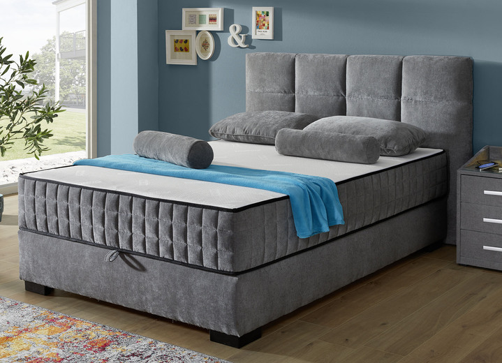 Betten - Boxspringbett mit Wendematratze und Bettkasten, in Farbe ANTHRAZIT, in Ausführung Kopfteil mit Rechtecksteppung Ansicht 1