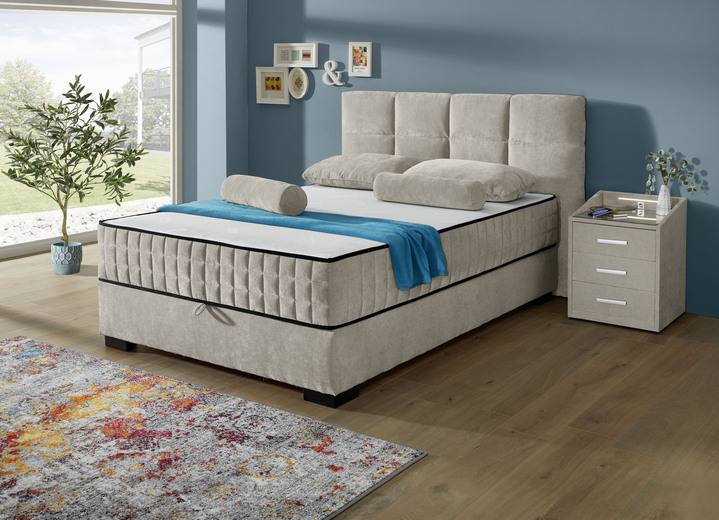 Betten - Boxspringbett mit Wendematratze und Bettkasten, in Farbe SAND, in Ausführung Kopfteil mit Rechtecksteppung Ansicht 1