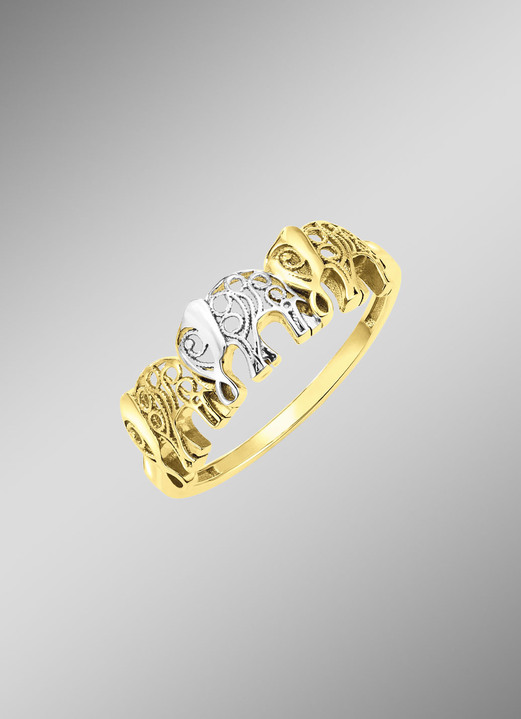 ohne Steine / mit Zirkonia - Durchbrochener Damenring mit Elefanten-Design in Bicolor, in Größe 160 bis 220, in Farbe  Ansicht 1