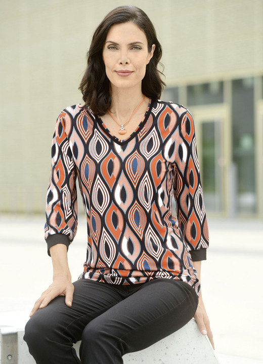 Damenmode - Shirt mit V-Ausschnitt Ansicht 2 Damenmode - Shirt mit V-Ausschnitt, in Größe 038 bis 054, in Farbe SCHWARZ-ORANGE-ECRU Ansicht 2