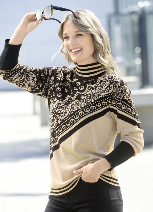 Pullover - Pullover in Jacquard-Dessin, in Größe 036 bis 052, in Farbe BEIGE-SCHWARZ Ansicht 3