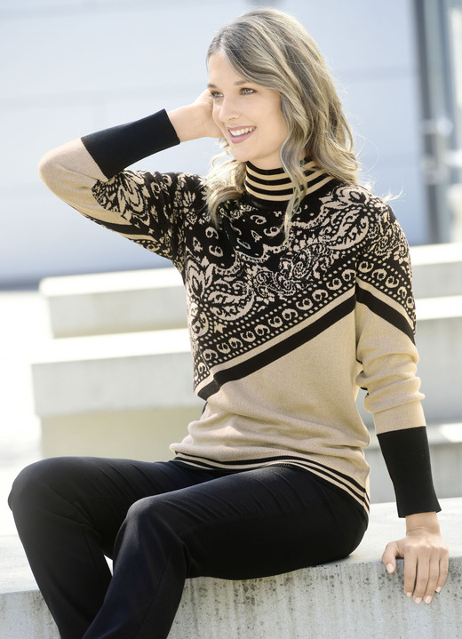 Pullover - Pullover in Jacquard-Dessin, in Größe 036 bis 052, in Farbe BEIGE-SCHWARZ Ansicht 2