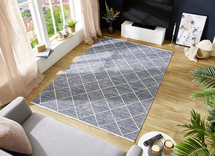 Modern - Moderne Brücken und Teppiche aus 100% Baumwolle – Farbe BLAU – Ansicht  Modern - Moderne Brücken und Teppiche aus 100% Baumwolle, in Größe 113 (Brücke, 70x140 cm) bis 256 (Teppich, 170x240 cm), in Farbe GRAU – Farbe BLAU – Ansicht