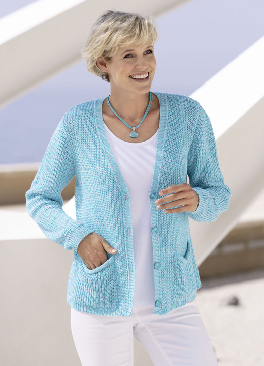 Jacken, Westen & Sets - Strickjacke in Perlfang  Ansicht 2 Jacken, Westen & Sets - Strickjacke in Perlfang , in Größe 036 bis 052, in Farbe AQUA MELIERT Ansicht 2