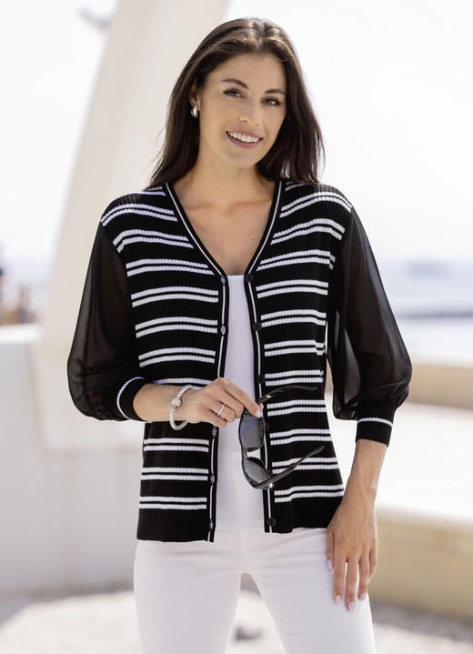 Jacken, Westen & Sets - Strickjacke mit feinen Chiffonärmeln, in Größe L(44/46) bis XXL(52/54), in Farbe SCHWARZ-WEISS Ansicht 3