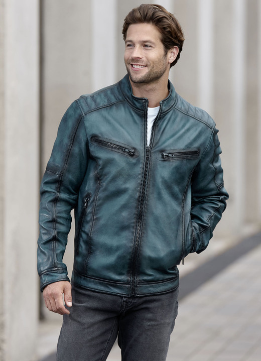 Ledermode - Lederkurzjacke mit Zierstepp, in Größe 046 bis 062, in Farbe ANTIK PETROL Ansicht 2