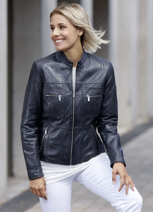 Ledermode - Lederkurzjacke von „Caminari“, in Größe 036 bis 048, in Farbe ANTIK NACHTBLAU Ansicht 2