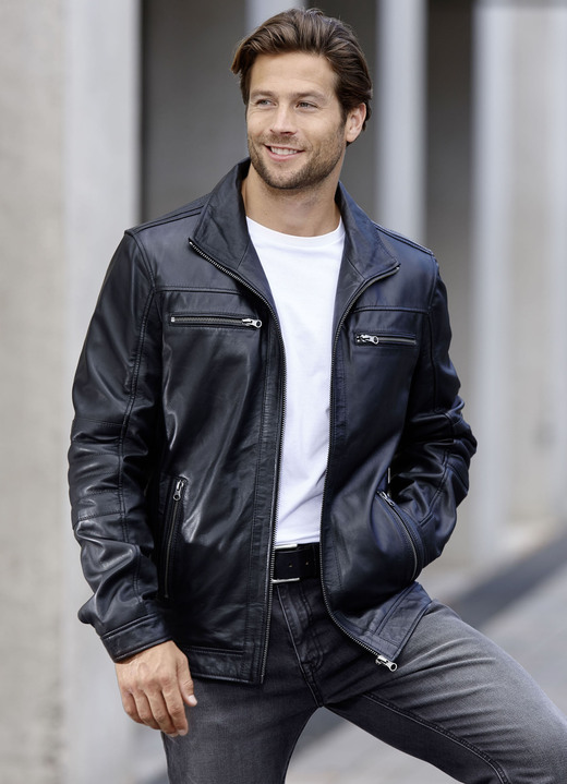 Ledermode - Lederkurzjacke mit Innentaschen, in Größe 046 bis 062, in Farbe SCHWARZ Ansicht 2