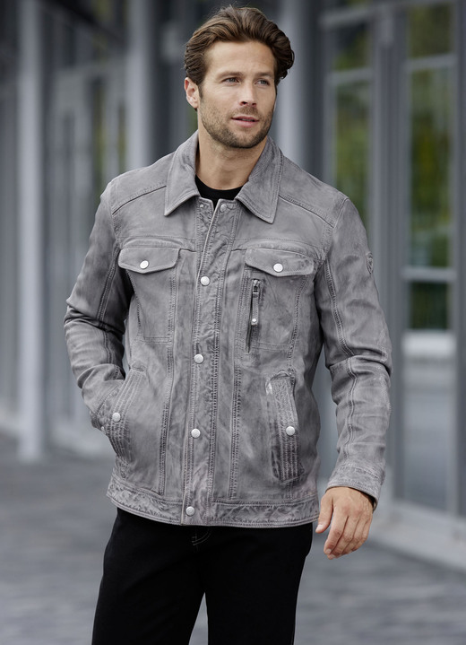 Ledermode - Lederkurzjacke von „Jilani“, in Größe 046 bis 062, in Farbe ANTIKGRAU Ansicht 2