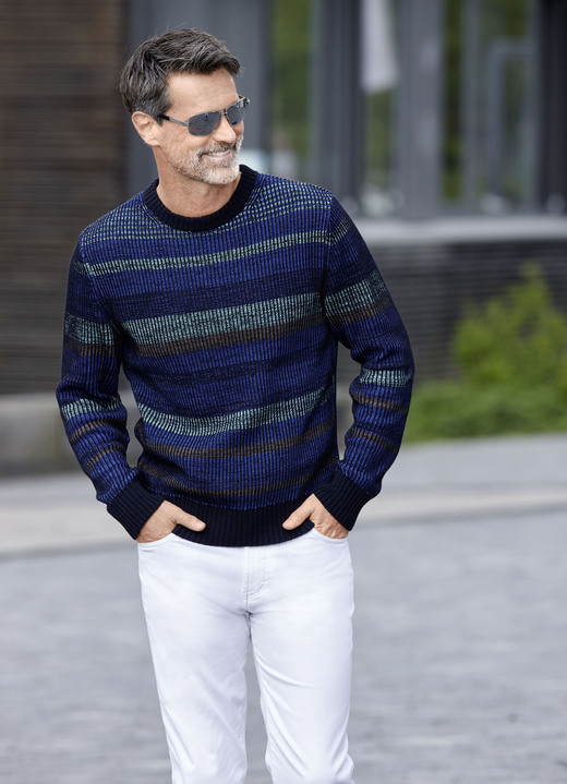 Hemden, Pullover & Shirts - Rundhalspullover in 2-farbiger Strukturoptik, in Größe 046 bis 062, in Farbe MARINE GESTREIFT