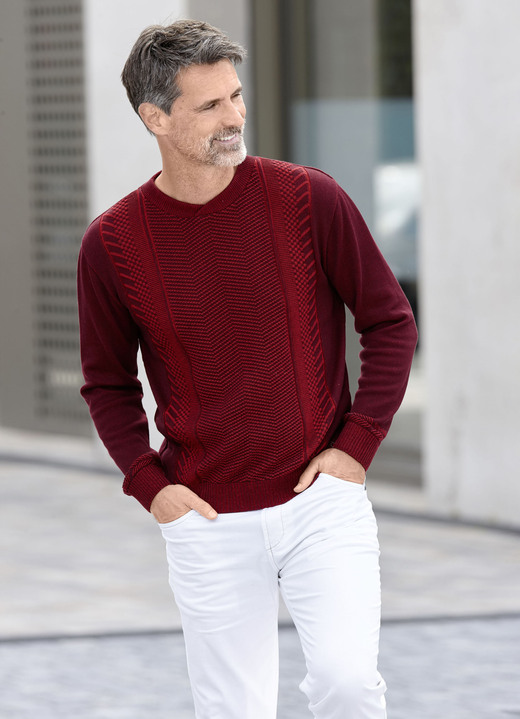 Hemden, Pullover & Shirts - Rundhalspullover mit Strukturdessin in 2 Farben, in Größe 046 bis 062, in Farbe BORDEAUX-ROT MELIERT Ansicht 3