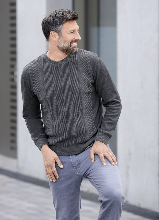 Hemden, Pullover & Shirts - Rundhalspullover mit Strukturdessin in 2 Farben, in Größe 046 bis 062, in Farbe ANTHRAZIT-GRAU MELIERT Ansicht 1